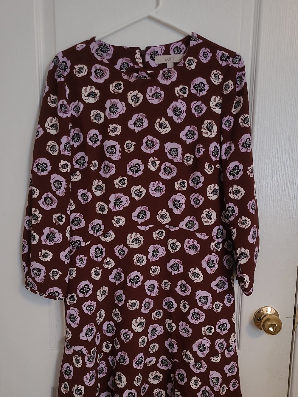 LOFT Floral Long Sleeve A-Line Dress - Plum with Lilac & White Floral Print